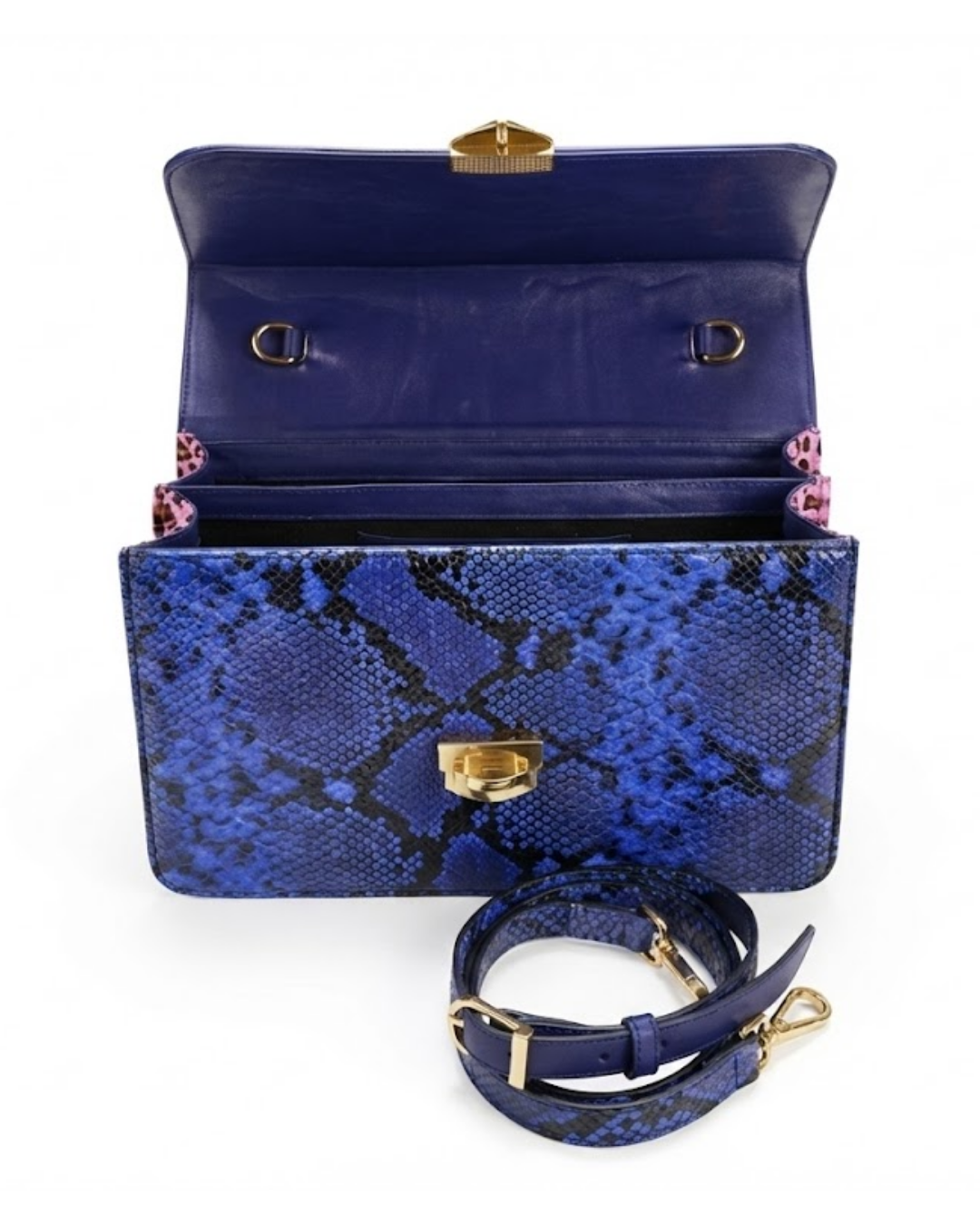 Alabama Italian Python Embossed Leather Handbag Blue-Pink